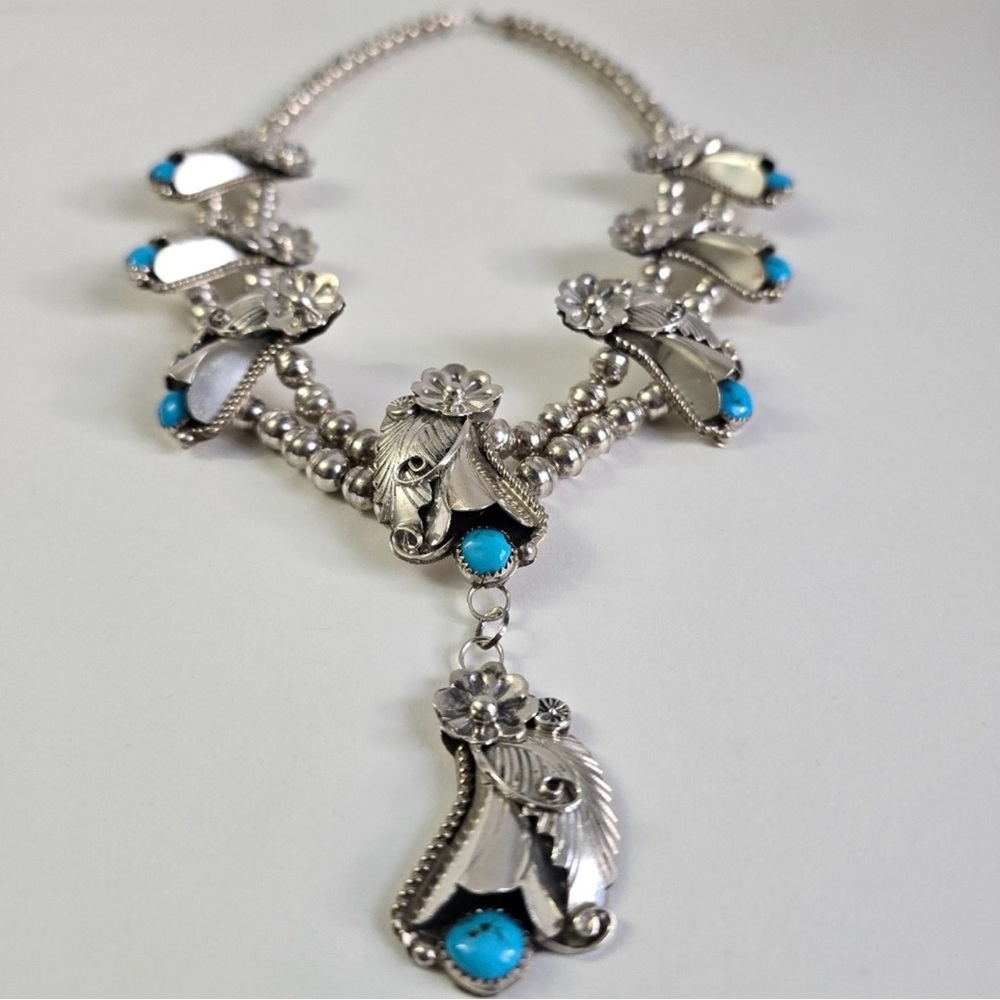Sterling Silver 925 and Turquoise Floral Squash Blossom Necklace - Picture 9 of 16